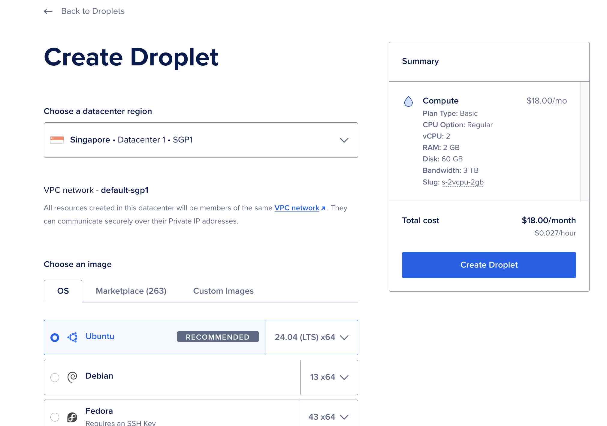 DigitalOcean Create Droplet - Region and OS