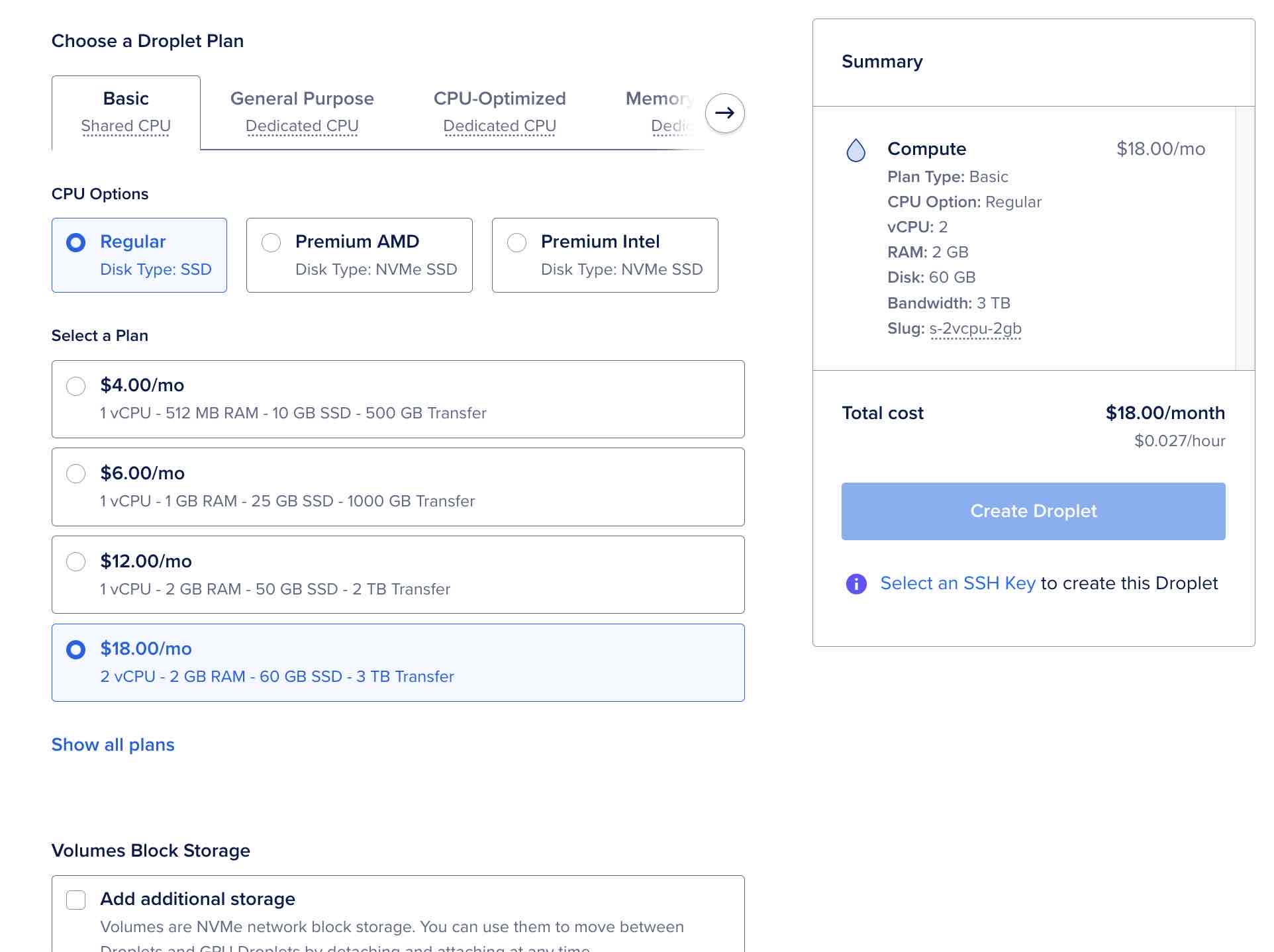 DigitalOcean Create Droplet - Plan selection