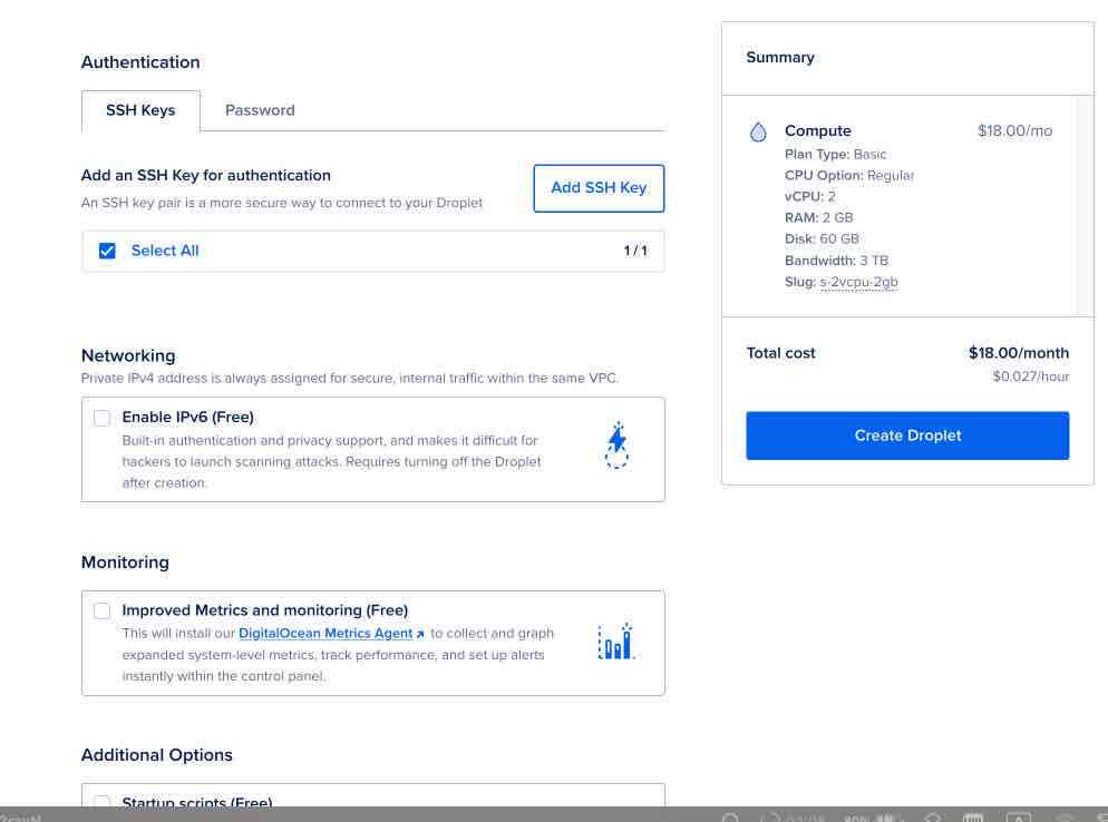 DigitalOcean Create Droplet - Authentication and finalize