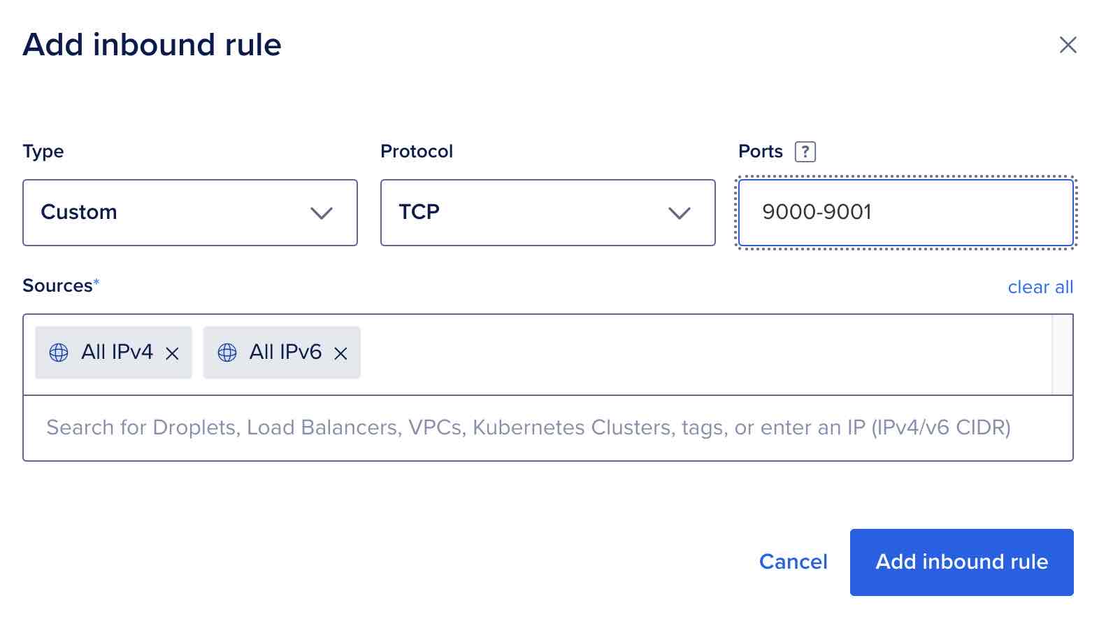 DigitalOcean Firewall - Adding inbound rule for ports 9000-9001